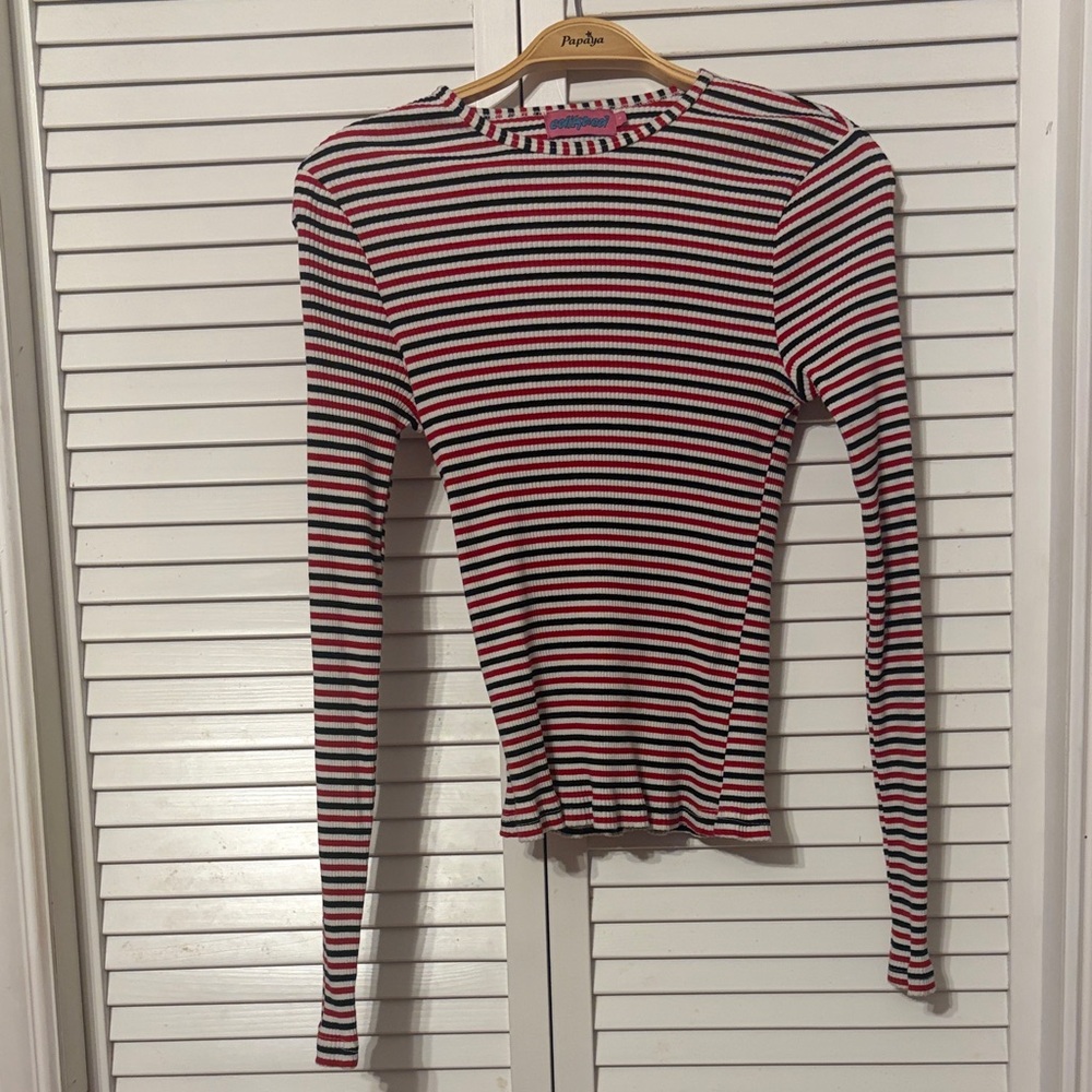 Edikted Striped Long-Sleeve Ribbed Top in Red, Black & White